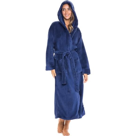 Soft Plush Fleece Hooded Bathrobe, Full Length Robe with Hood For Women - Picture 1 of 6